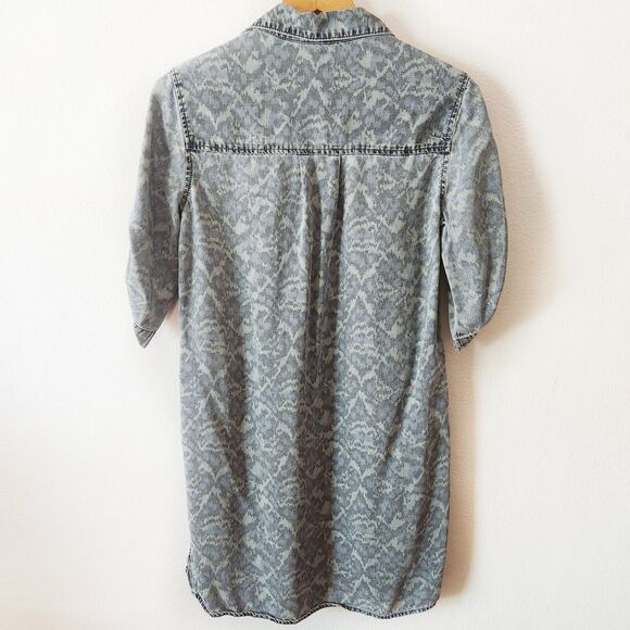 Anthro Cloth & Stone Camo Ikat Chambray Tunic Shirt Dress Tencel Roll Tab XS - Picture 2 of 9
